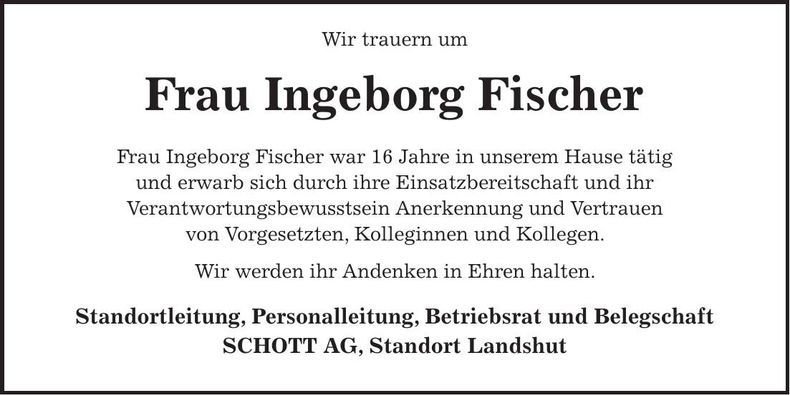 Traueranzeige Ingeborg Fischer