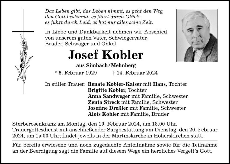 Traueranzeige Josef Kobler