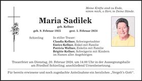 Traueranzeige Maria Sadilek