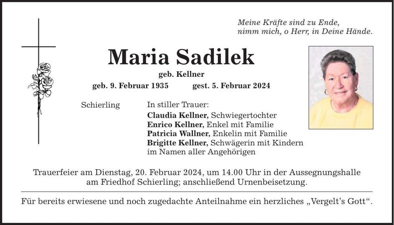 Traueranzeige Maria Sadilek