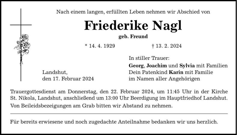 Traueranzeige Friederike Nagl