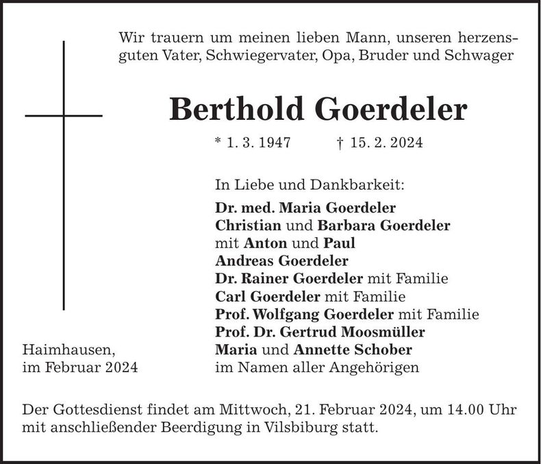 Traueranzeige Berthold Goerdeler