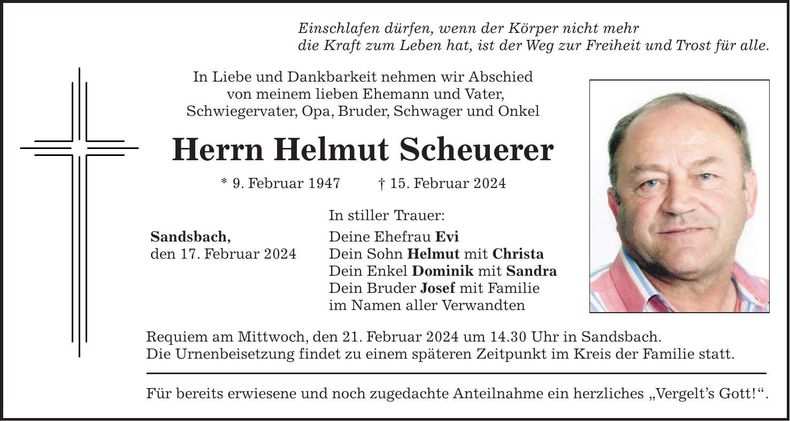 Traueranzeige Helmut Scheuerer