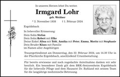 Traueranzeige Irmgard Lohr