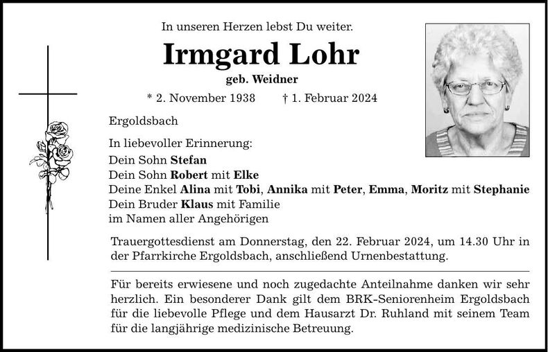 Traueranzeige Irmgard Lohr