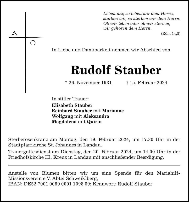 Traueranzeige Rudolf Stauber
