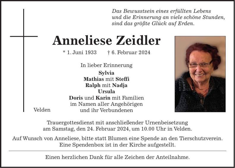 Traueranzeige Anneliese Zeidler