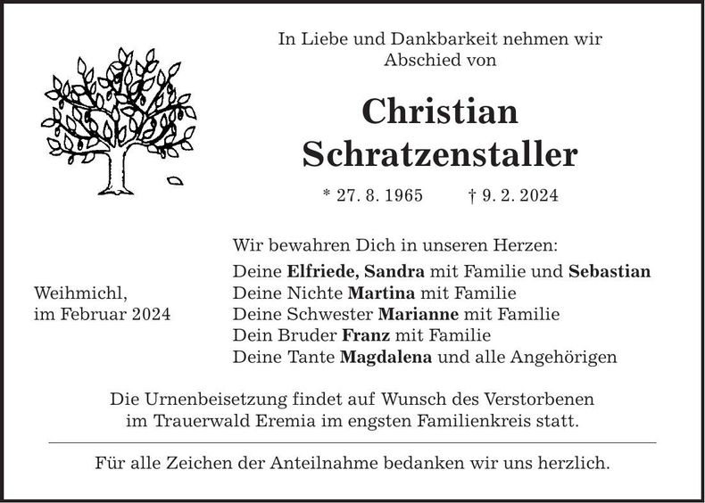 Traueranzeige Christian Schratzenstaller