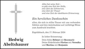 Traueranzeige Hedwig Abeltshauser