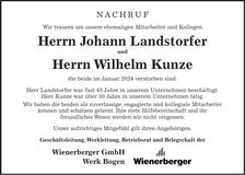 Traueranzeige Johann und Willibald Landstorfer und Kunze