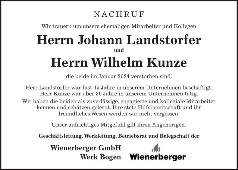 Traueranzeige Johann und Willibald Landstorfer und Kunze