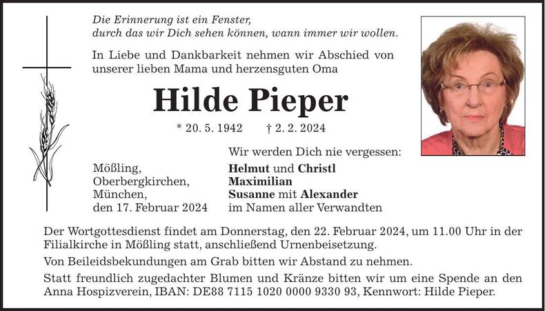 Traueranzeige Hilde Pieper