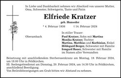 Traueranzeige Elfriede Kratzer
