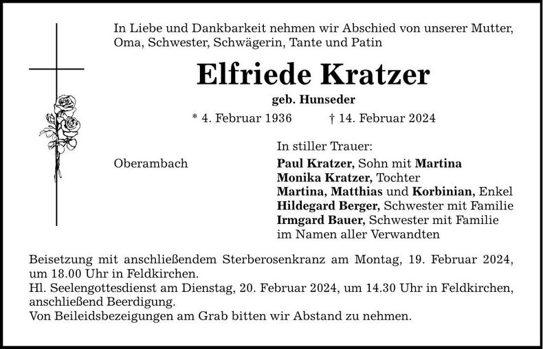 Traueranzeige Elfriede Kratzer