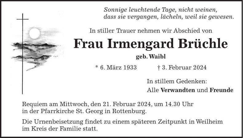 Traueranzeige Irmengard Brüchle