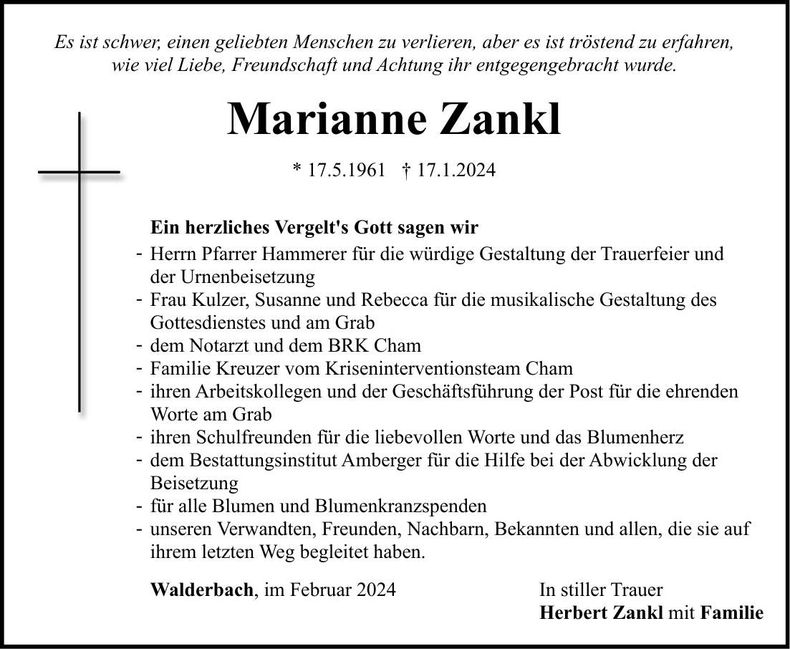 Traueranzeige Marianne Zankl