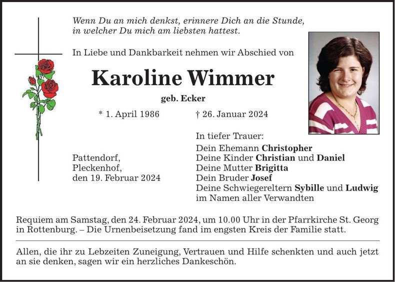 Traueranzeige Karoline Wimmer