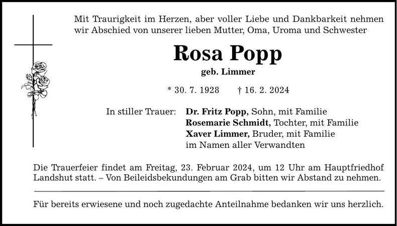 Traueranzeige Rosa Popp