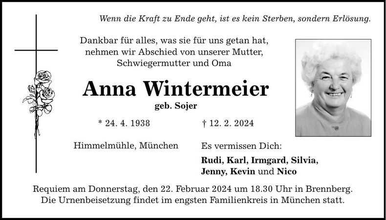 Traueranzeige Anna Wintermeier