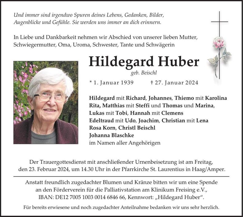 Traueranzeige Hildegard Huber