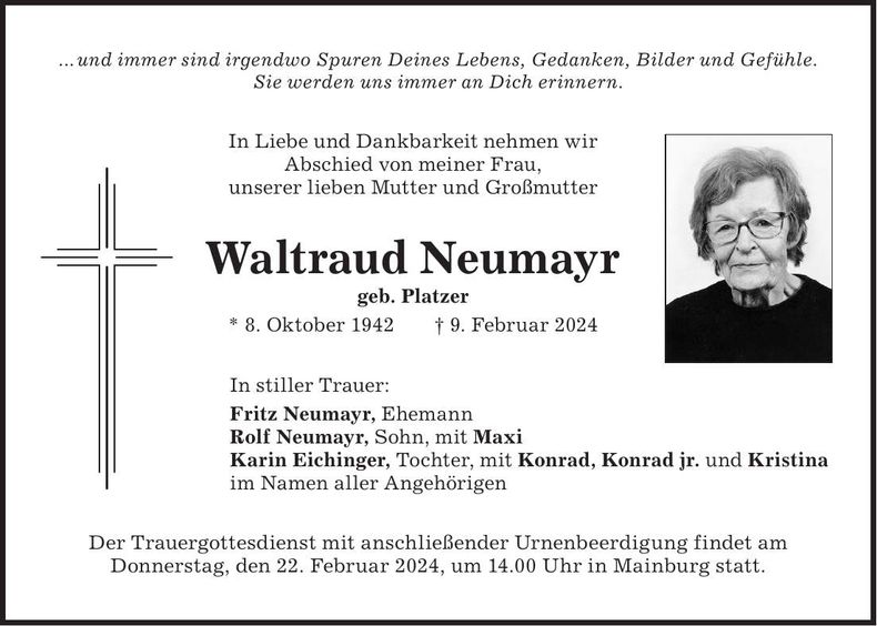 Traueranzeige Waltraud Neumayr