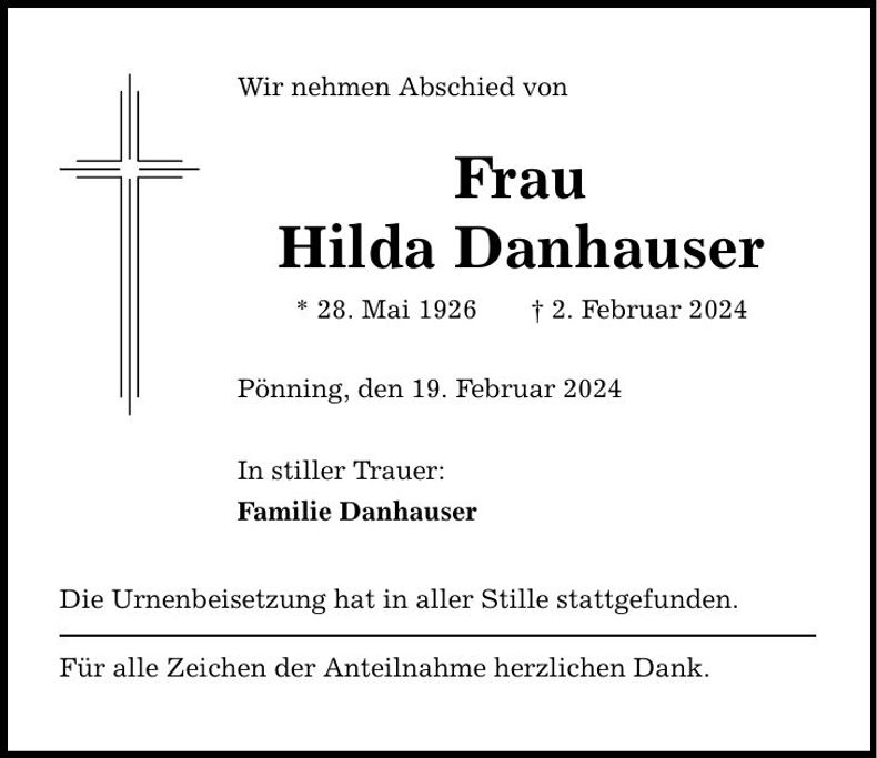 Traueranzeige Hilda Danhauser