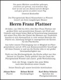 Traueranzeige Franz Plattner