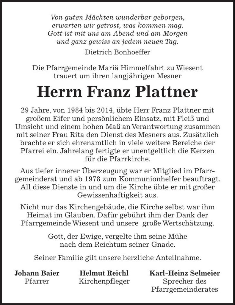 Traueranzeige Franz Plattner