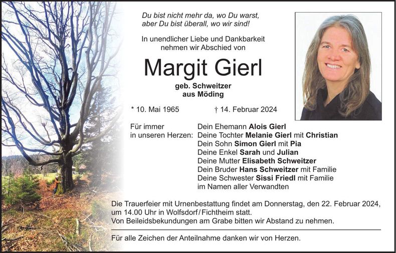 Traueranzeige Margit Gierl