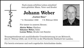 Traueranzeige Johann Weber