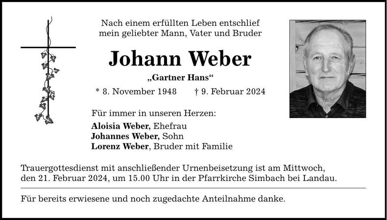 Traueranzeige Johann Weber