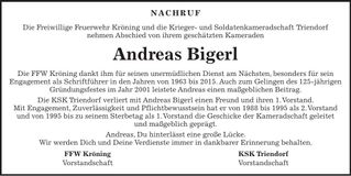 Traueranzeige Andreas Bigerl