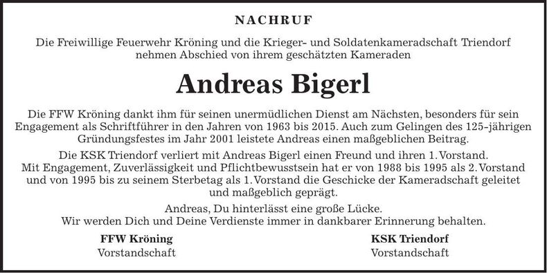 Traueranzeige Andreas Bigerl