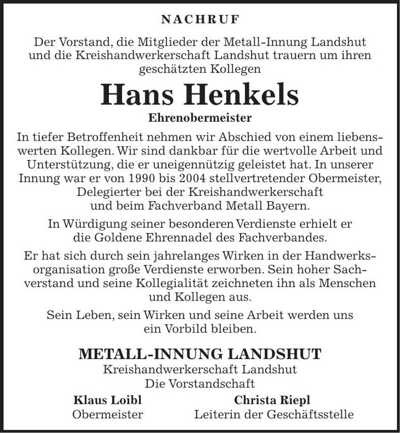 Traueranzeige Hans Henkels