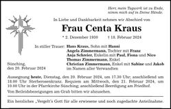 Traueranzeige Centa Kraus