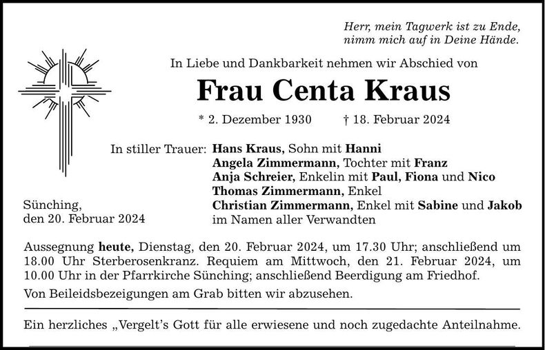 Traueranzeige Centa Kraus