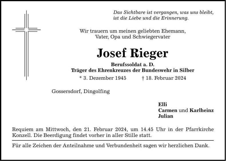 Traueranzeige Josef Rieger