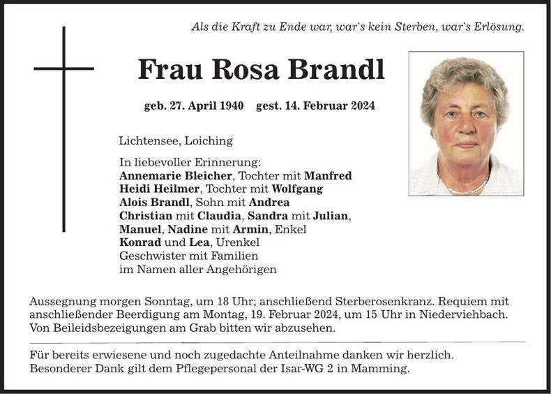 Traueranzeige Rosa Brandl