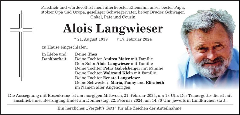 Traueranzeige Alois Langwieser