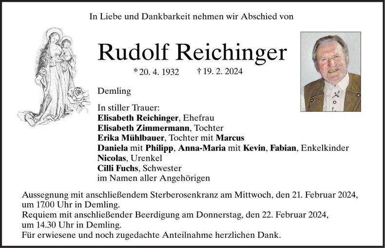 Traueranzeige Rudolf Reichinger