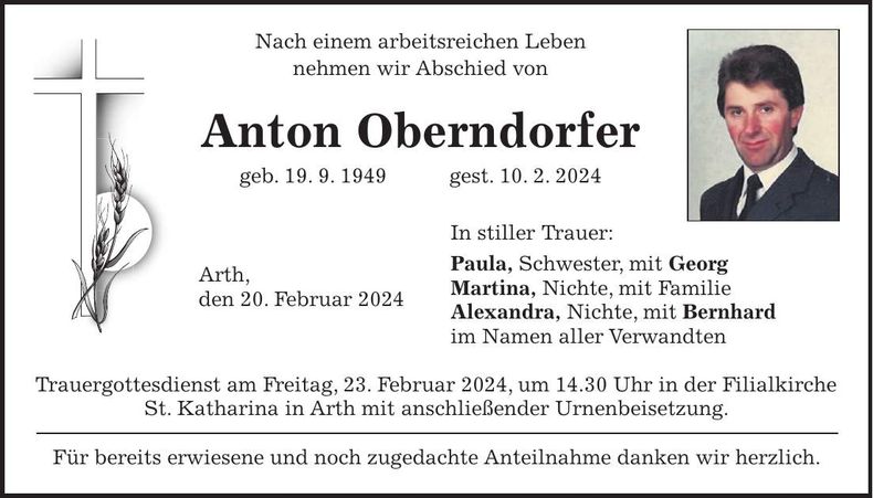 Traueranzeige Anton Oberndorfer