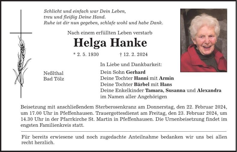 Traueranzeige Helga Hanke