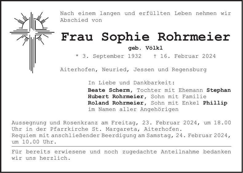 Traueranzeige Sophie Rohrmeier