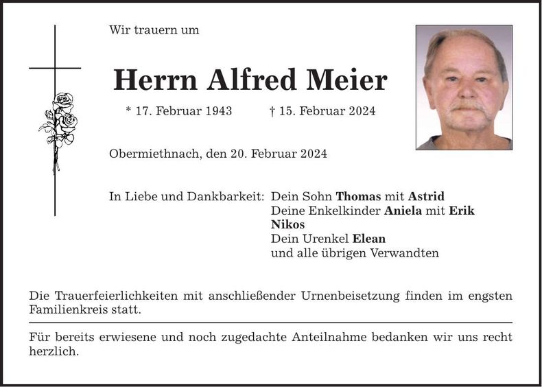 Traueranzeige Alfred Meier