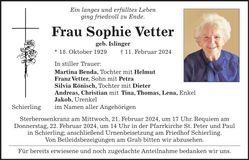 Traueranzeige Sophie Vetter