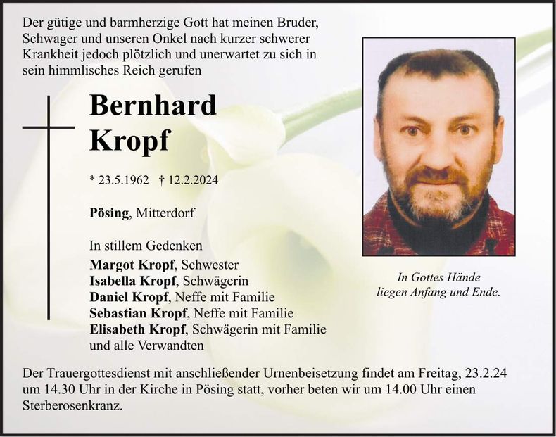 Traueranzeige Bernhard Kropf