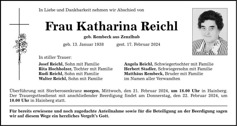Traueranzeige Katharina Reichl