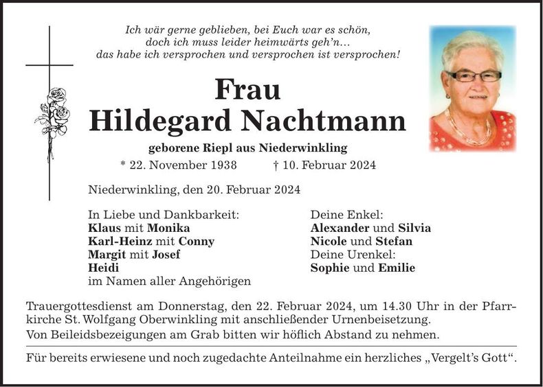 Traueranzeige Hildegard Nachtmann