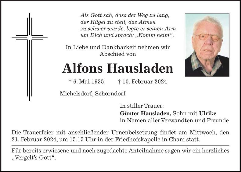 Traueranzeige Alfons Hausladen