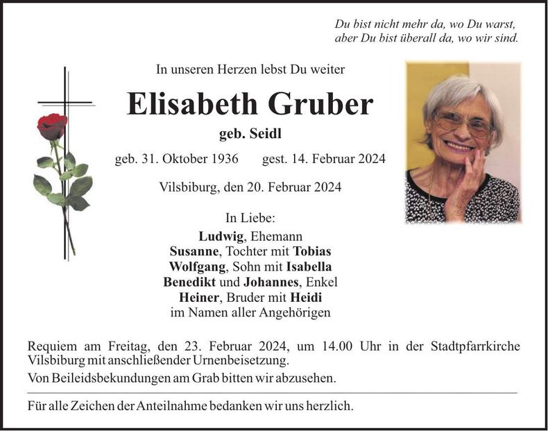 Traueranzeige Elisabeth Gruber